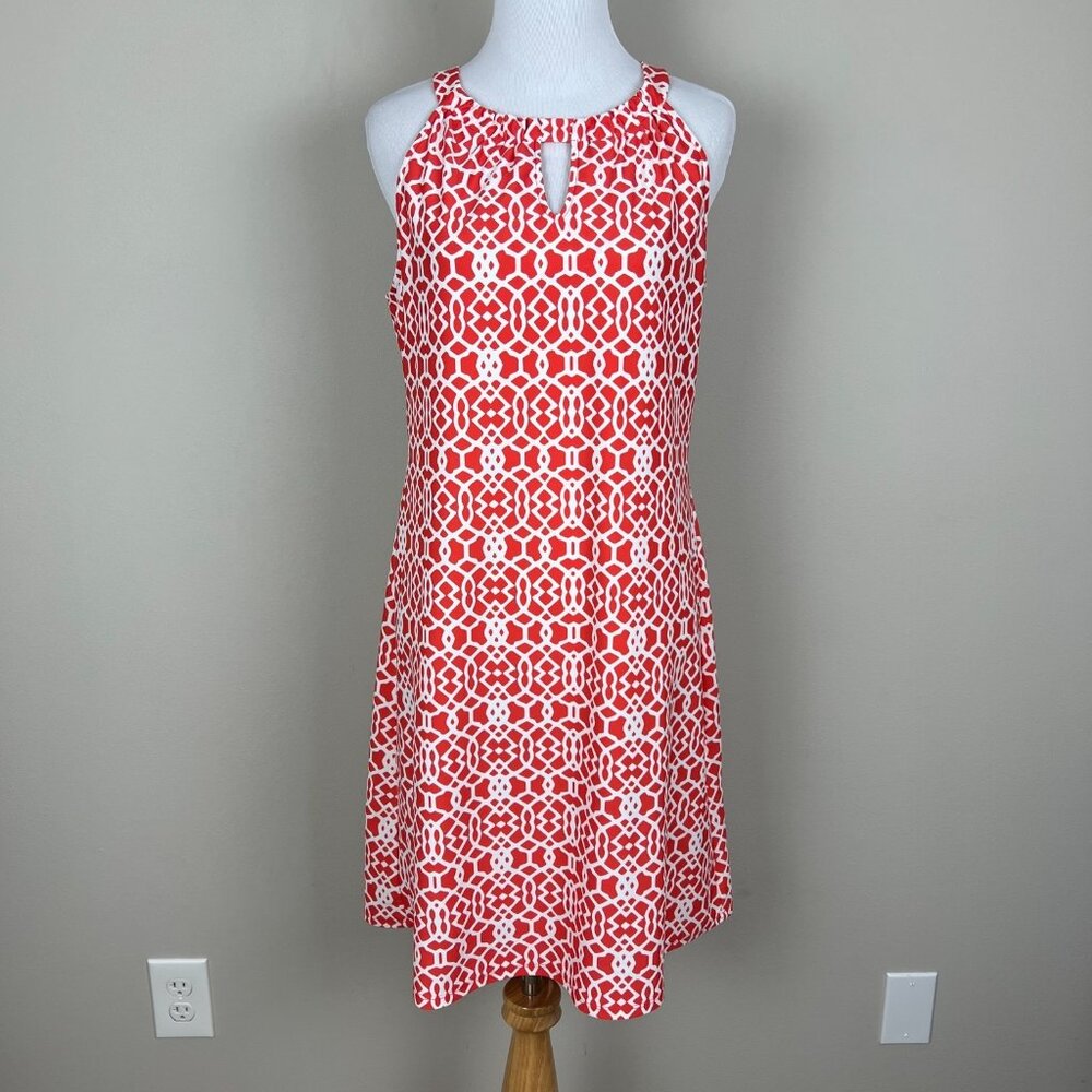 Jude Connally Lisa Dress Medium Orange Red White Geometric Shift Sleeveless Knee